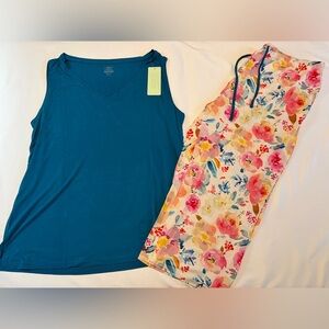 Nachila Bamboo Pajama Set XL Floral Lounge Pants & Teal Tank NWT